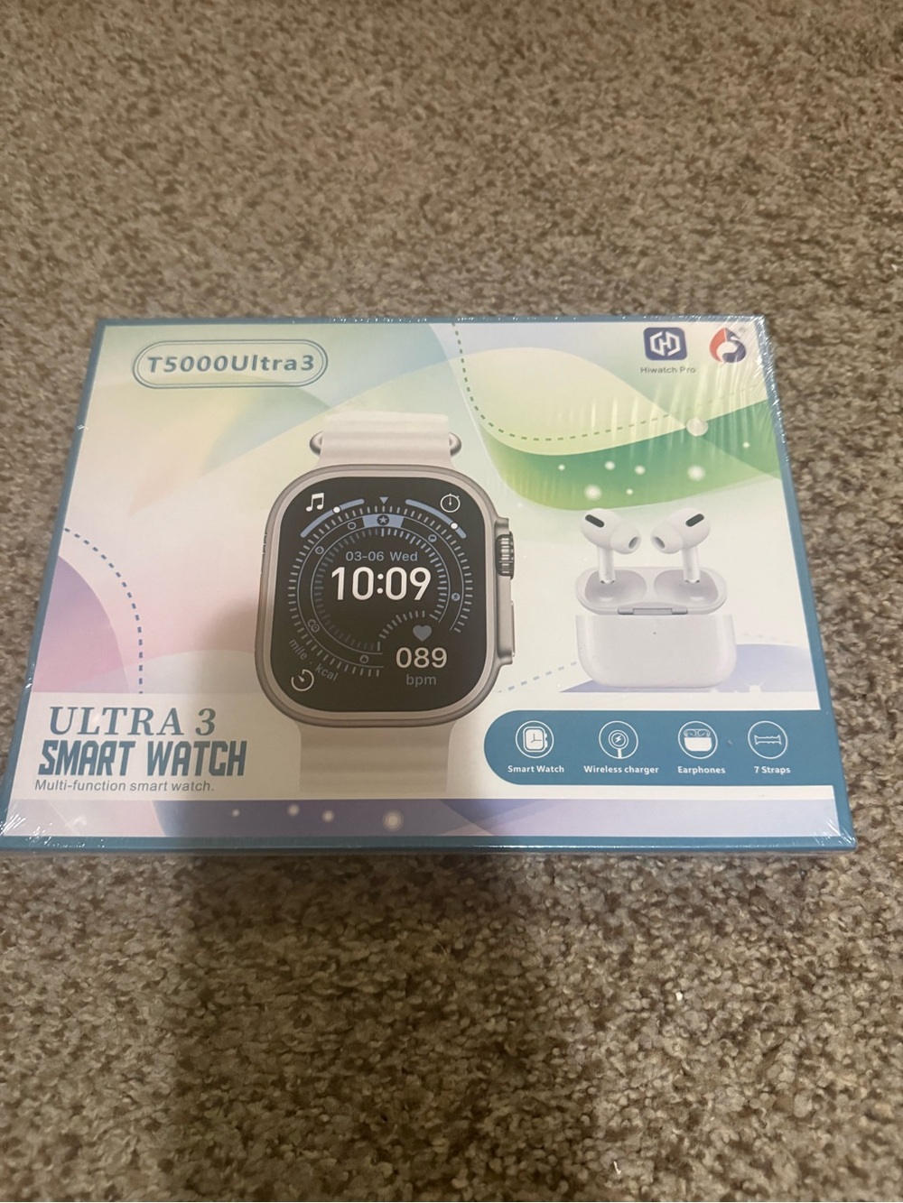Smart Watch with White Band and Wireless Earbuds.  Brand new